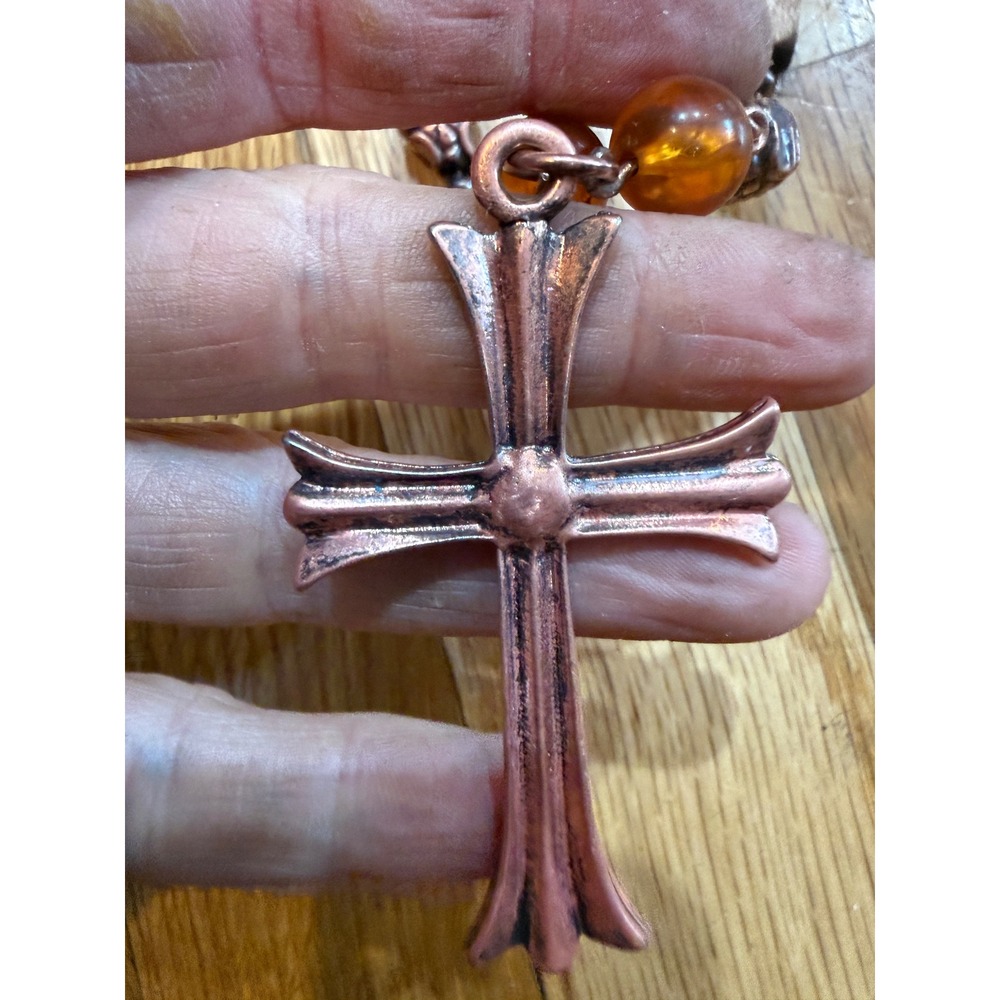 Boho Double Strand Beaded Necklace Copper Flared Cross Amber Cream Earth Tones - Picture 5 of 12